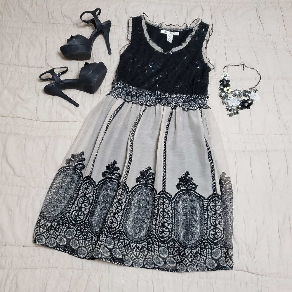 American Rag Black and Cream Lace-Detail Mini Dress